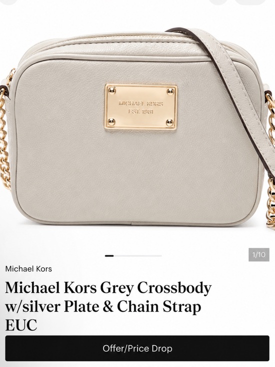 Michael Kors Handbags - Michael Kors Grey Crossbody w/silver Plate & Chain Strap EUC